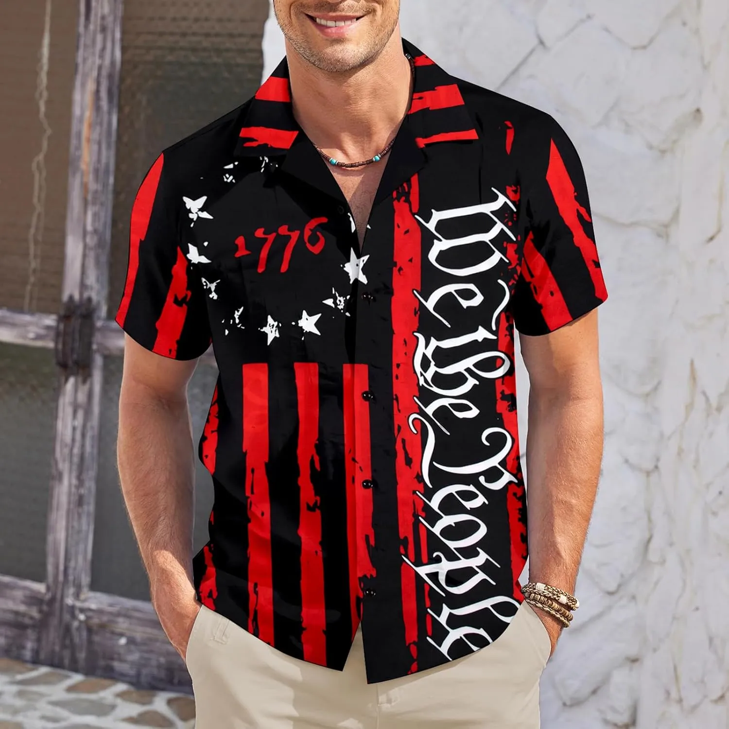 Hawaiian Shirt for Men We The People American 1776 Shirts American Flag Patriotic Memorial Day Button Up Tops