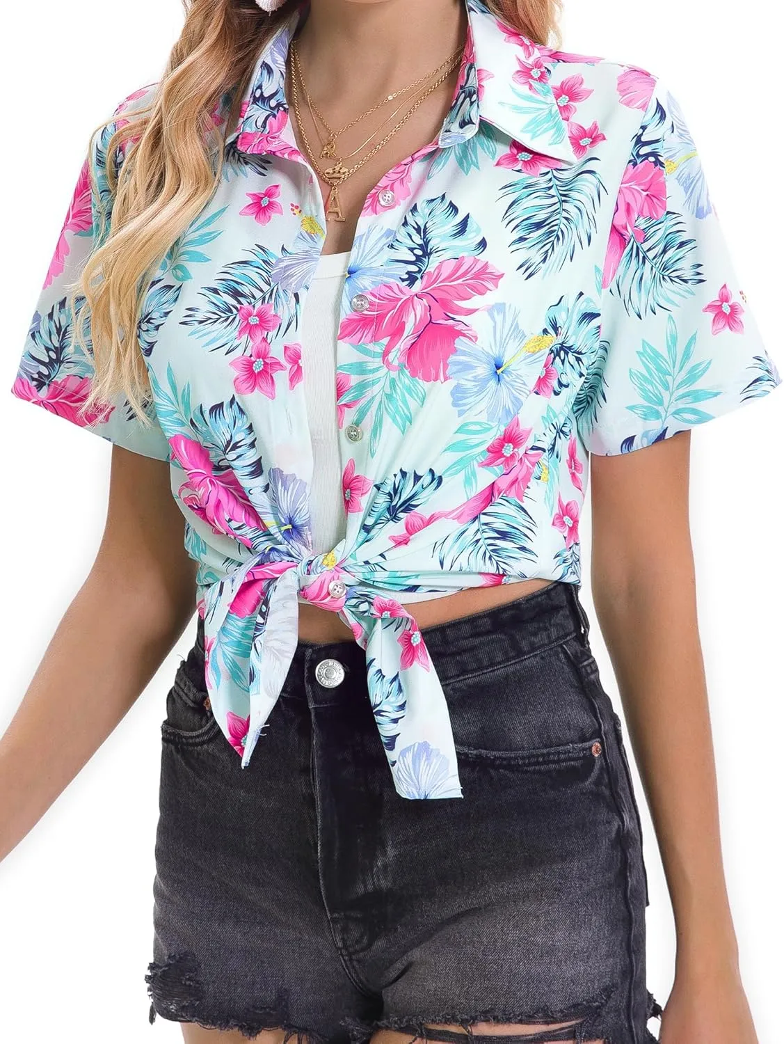 Hawaiian Shirts for Women Tropical Shirt Summer Beach Hawaii Button Down Short Sleeve Blouses Floral Tops Hawaii Outfits 2025