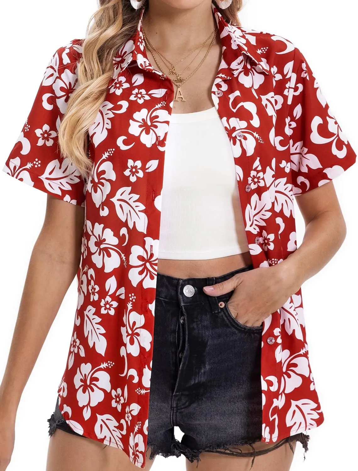 Hawaiian Shirts for Women Tropical Shirt Summer Beach Hawaii Button Down Short Sleeve Blouses Floral Tops Hawaii Outfits 2025