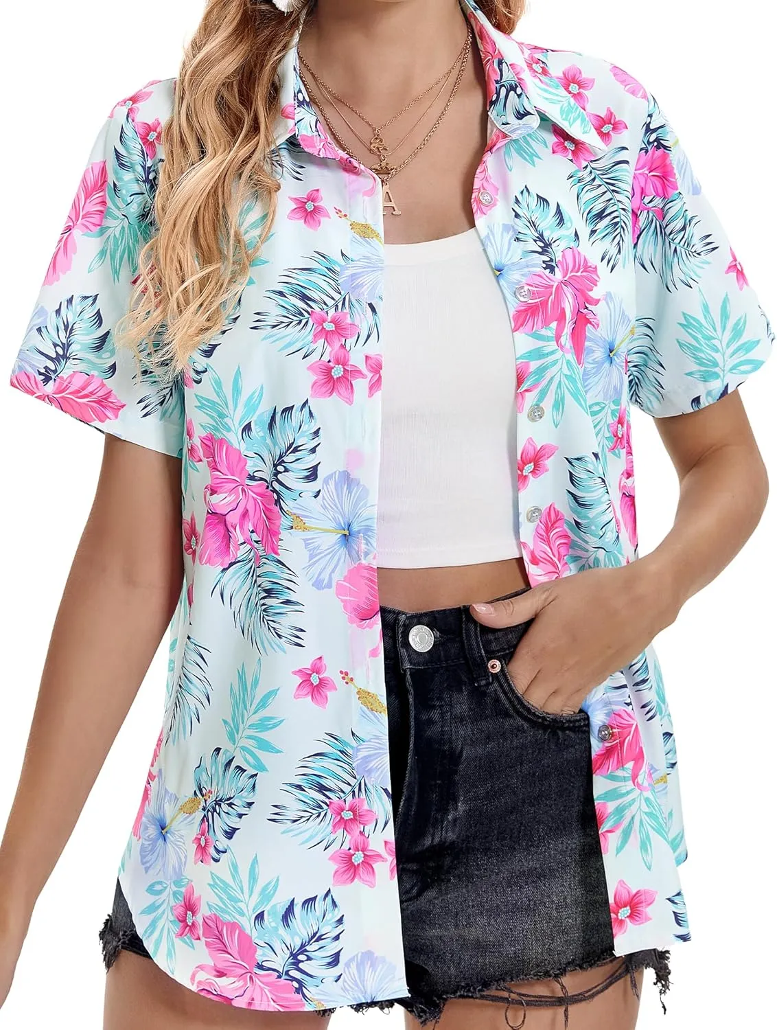 Hawaiian Shirts for Women Tropical Shirt Summer Beach Hawaii Button Down Short Sleeve Blouses Floral Tops Hawaii Outfits 2025