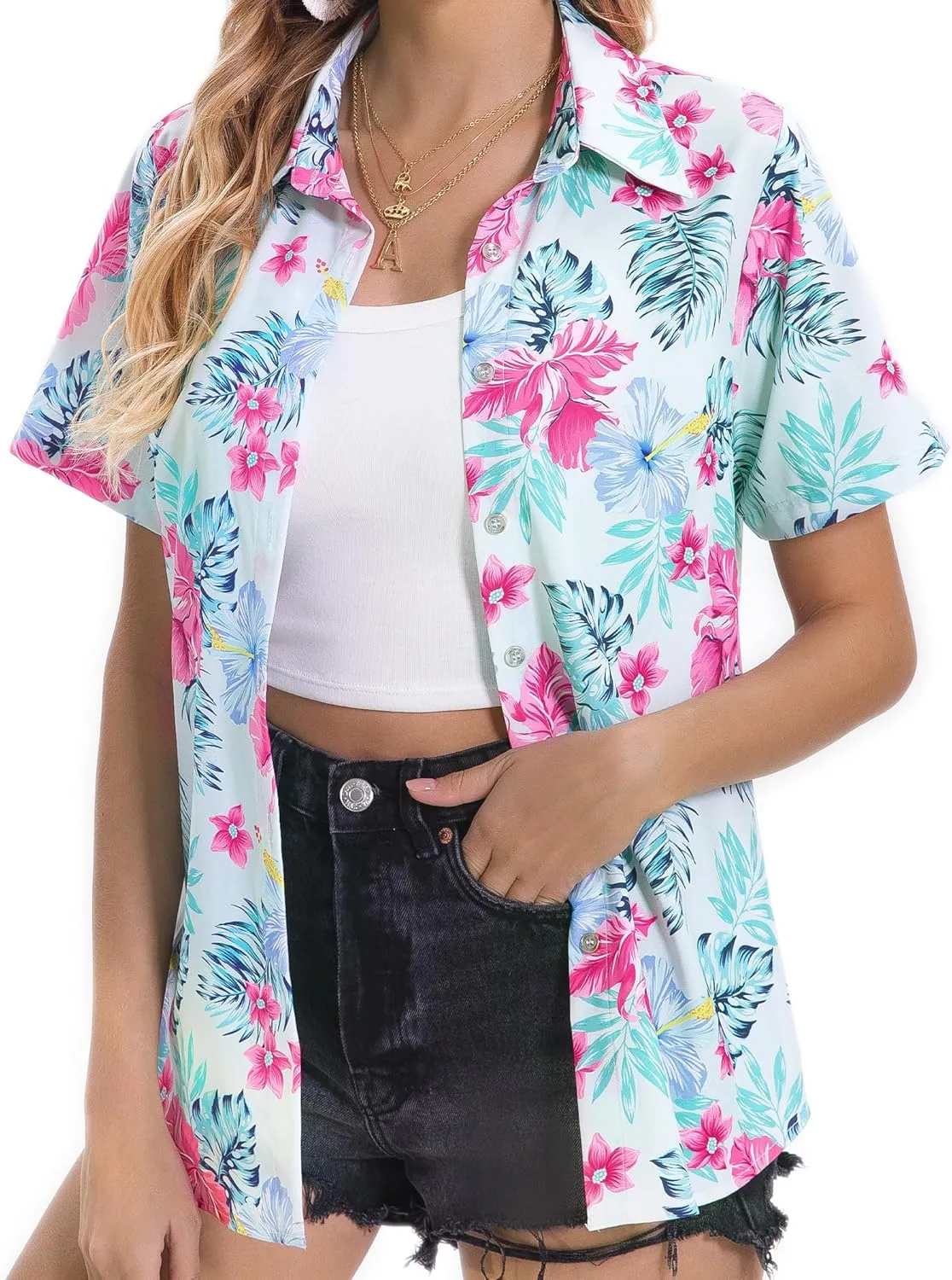 Hawaiian Shirts for Women Tropical Shirt Summer Beach Hawaii Button Down Short Sleeve Blouses Floral Tops Hawaii Outfits 2025