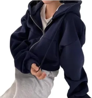 heyheyshine Women's Oversize Zip Up Hoodie Long Sleeve Cropped Cardigan Sweatshirt with Pocket Fall Outfits for Women 2024