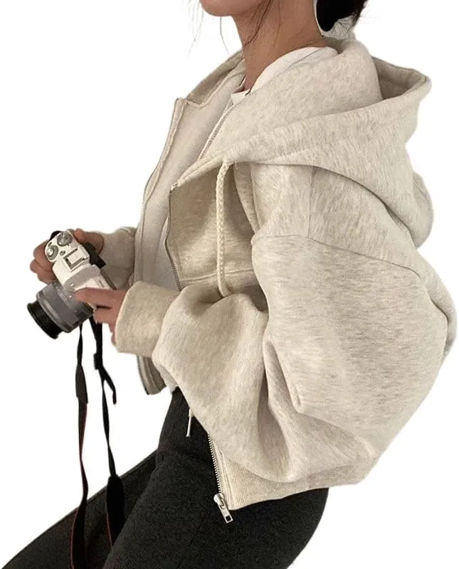 heyheyshine Women's Oversize Zip Up Hoodie Long Sleeve Cropped Cardigan Sweatshirt with Pocket Fall Outfits for Women 2024