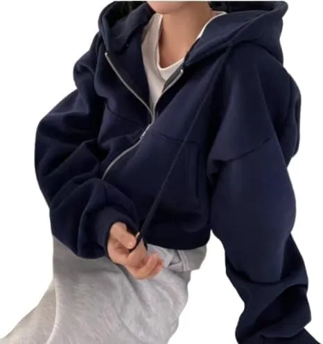 heyheyshine Women's Oversize Zip Up Hoodie Long Sleeve Cropped Cardigan Sweatshirt with Pocket Fall Outfits for Women 2024