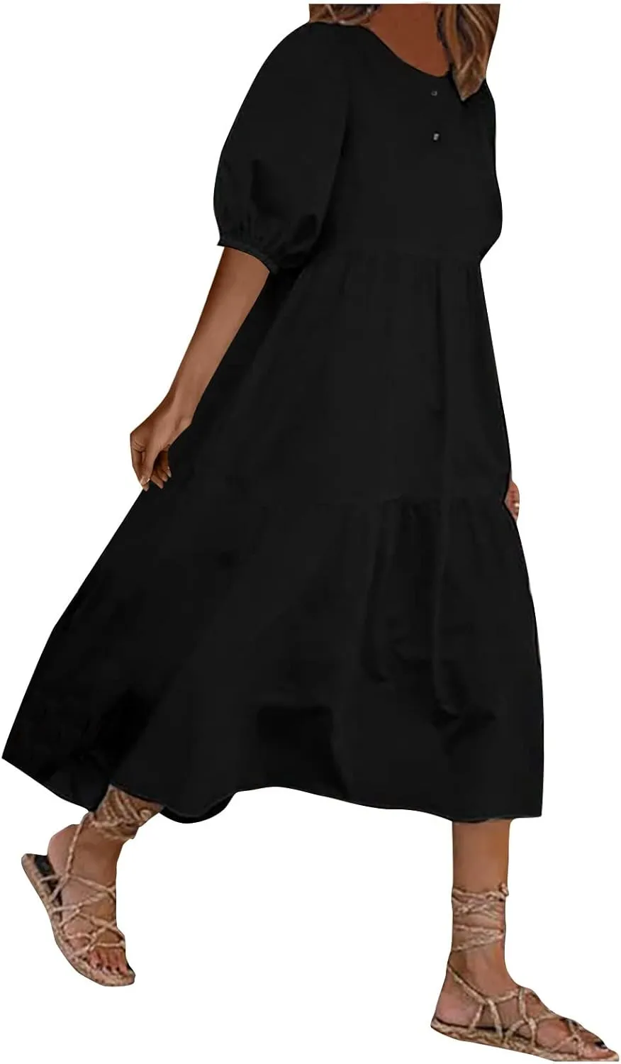 HGps8w Women Loose Boho Dresses 2025 Summer Plus Size Solid Color Puff Short Sleeve Crewneck Cute Midi Sun Dress