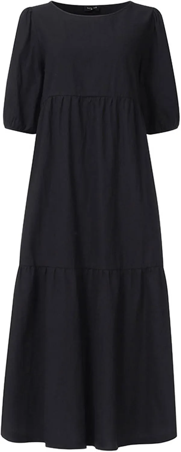 HGps8w Women Loose Boho Dresses 2025 Summer Plus Size Solid Color Puff Short Sleeve Crewneck Cute Midi Sun Dress