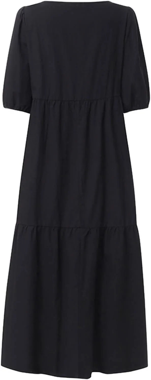 HGps8w Women Loose Boho Dresses 2025 Summer Plus Size Solid Color Puff Short Sleeve Crewneck Cute Midi Sun Dress