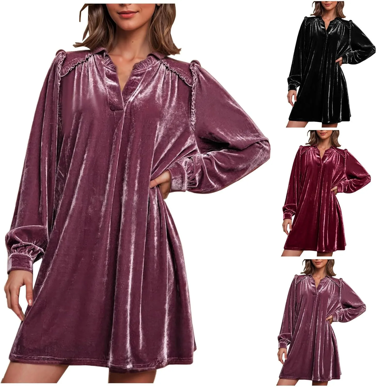 HGps8w Women's Loose Velvet Mini Dresses, Cute Ruffle Lantern Long Sleeve V Neck Evening Party Cocktail Dress