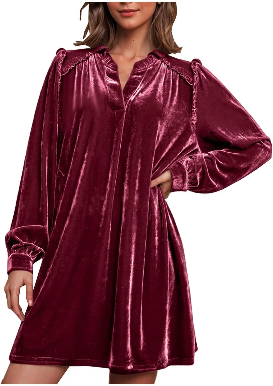 HGps8w Women's Loose Velvet Mini Dresses, Cute Ruffle Lantern Long Sleeve V Neck Evening Party Cocktail Dress