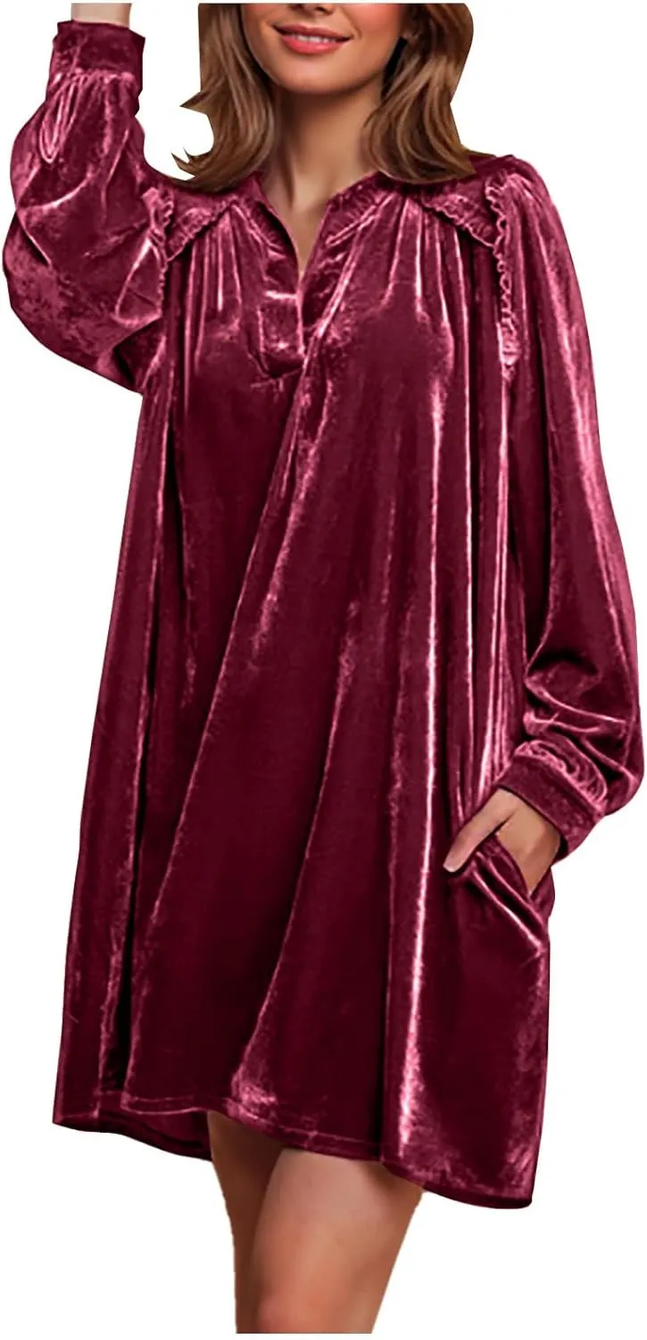 HGps8w Women's Loose Velvet Mini Dresses, Cute Ruffle Lantern Long Sleeve V Neck Evening Party Cocktail Dress