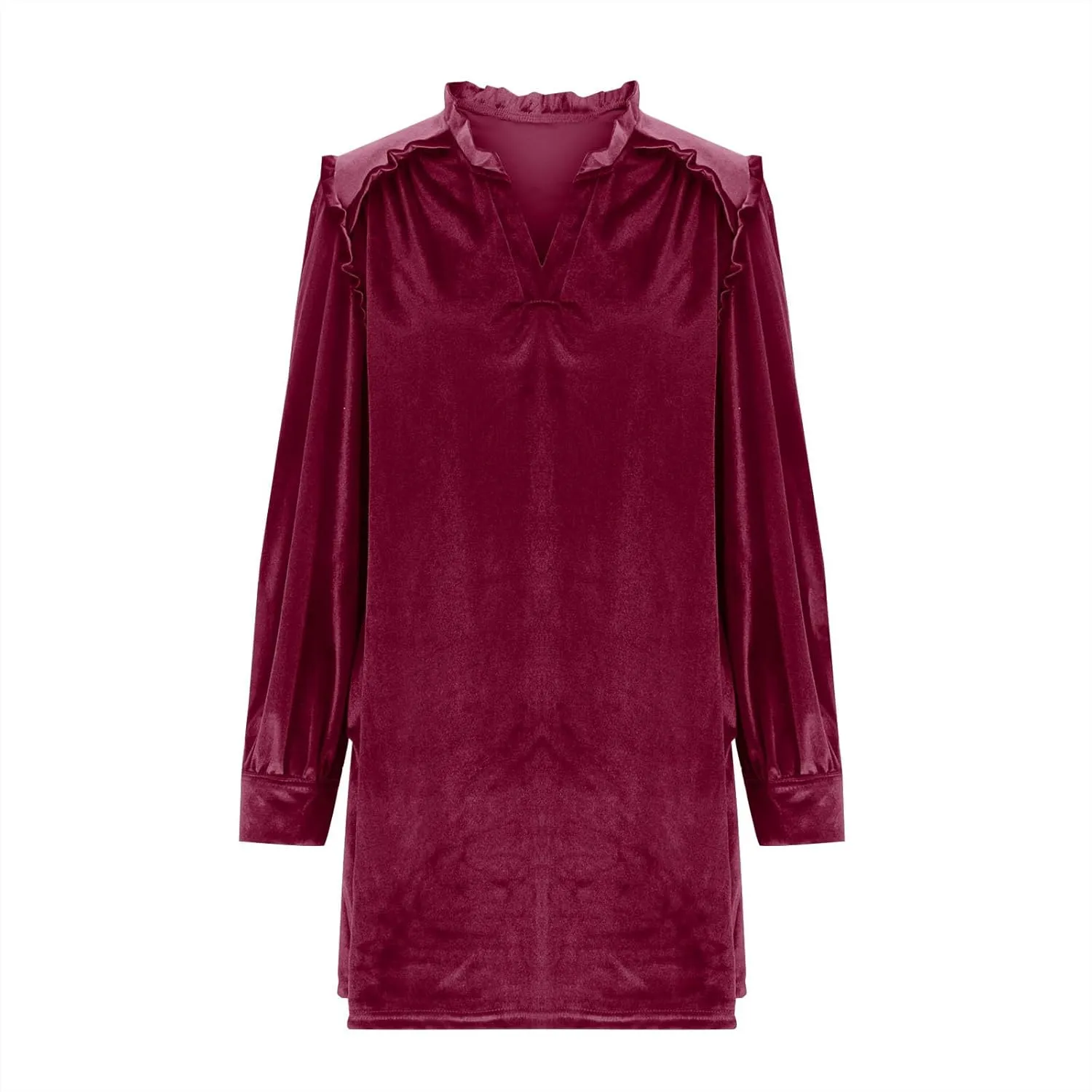 HGps8w Women's Loose Velvet Mini Dresses, Cute Ruffle Lantern Long Sleeve V Neck Evening Party Cocktail Dress