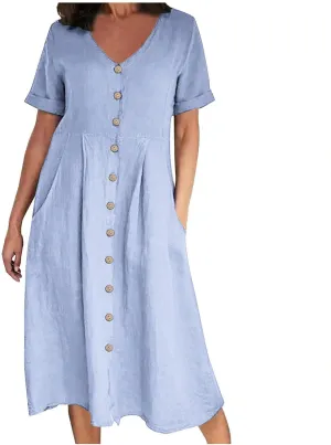 HGps8w Women's Plus Size Cotton Linen Midi Dresses with Pockets Summer Casual Short Sleeve Button Front V Neck Solid Dress