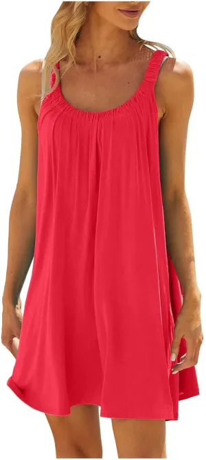 hlysgo Beach Dresses for Women Summer Loose Crew Neck Sleeveless Sundresses Solid Swimsuit Coverup Knee Length Mini Dress