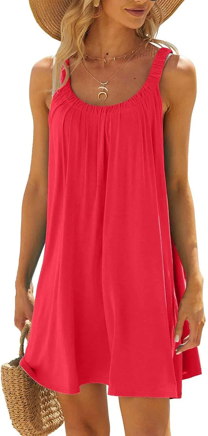 hlysgo Beach Dresses for Women Summer Loose Crew Neck Sleeveless Sundresses Solid Swimsuit Coverup Knee Length Mini Dress