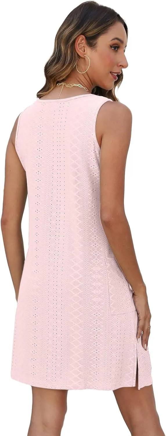 hlysgo Coverup Summer Dresses for Women 2025 Eyelet Casual Loose Sleeveless Mini Sundresses Beach Tank Dresses with Pockets