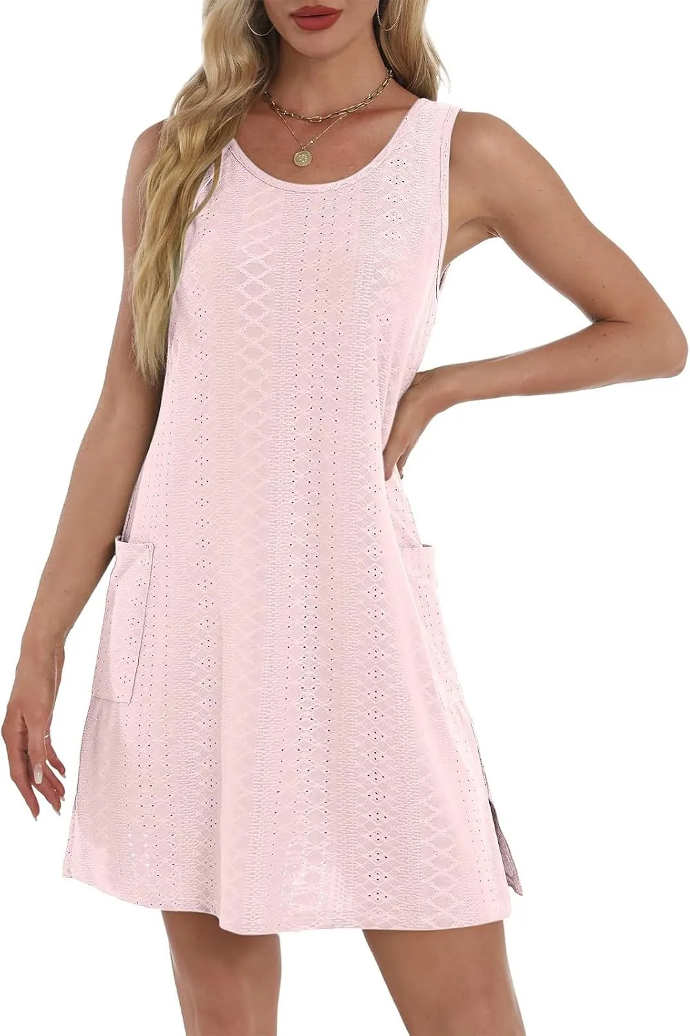hlysgo Coverup Summer Dresses for Women 2025 Eyelet Casual Loose Sleeveless Mini Sundresses Beach Tank Dresses with Pockets