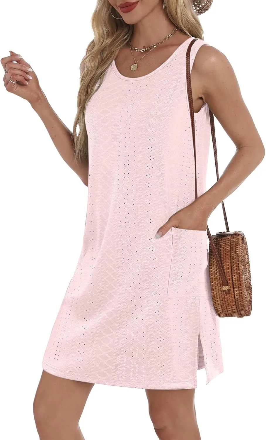 hlysgo Coverup Summer Dresses for Women 2025 Eyelet Casual Loose Sleeveless Mini Sundresses Beach Tank Dresses with Pockets