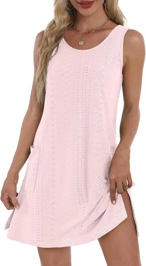 hlysgo Coverup Summer Dresses for Women 2025 Eyelet Casual Loose Sleeveless Mini Sundresses Beach Tank Dresses with Pockets