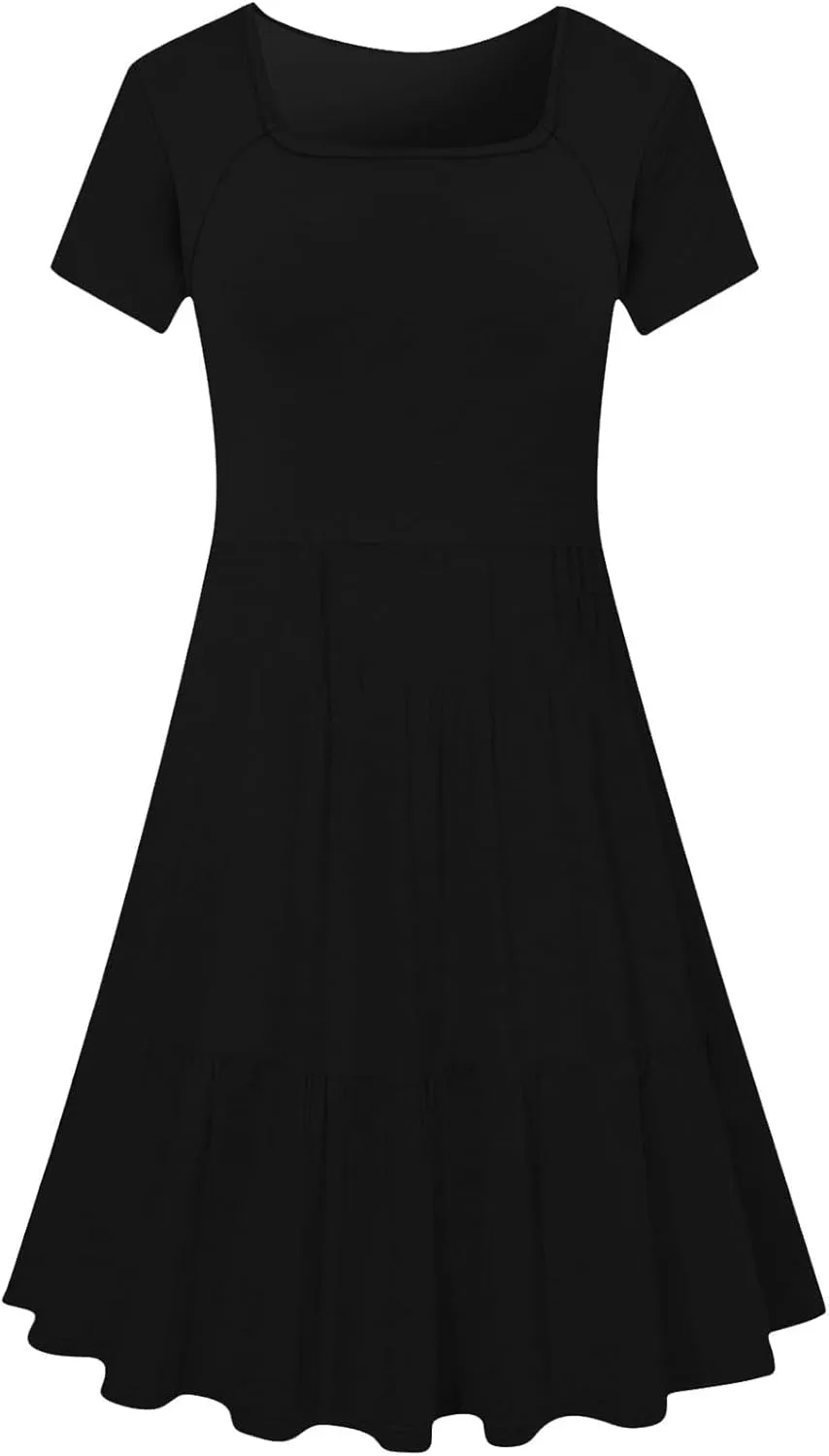 hlysgo Dresses for Women 2025 Summer Ruffled Hem Short Sleeve Square Neck Mini Dress A-Line Flowy Beach Dress with Pockets