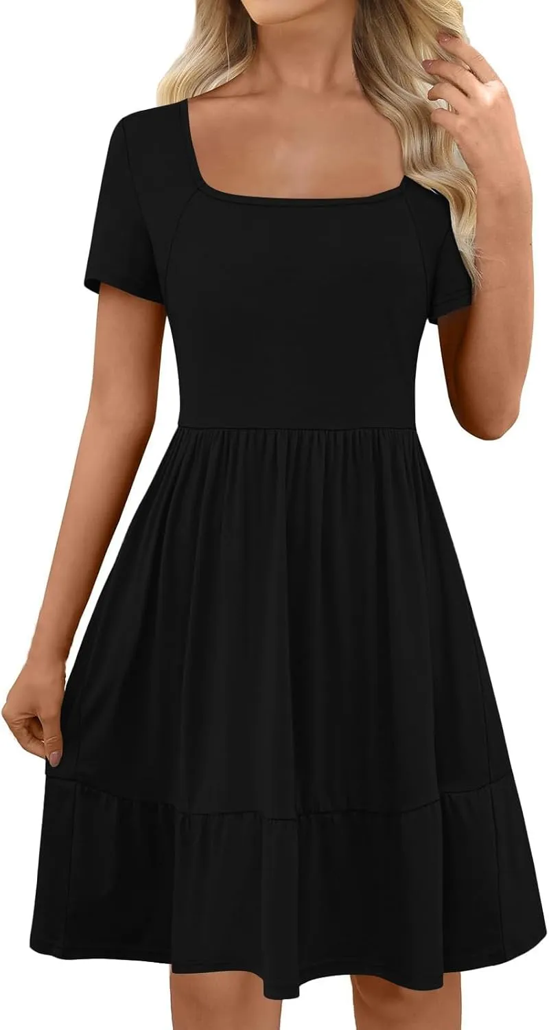 hlysgo Dresses for Women 2025 Summer Ruffled Hem Short Sleeve Square Neck Mini Dress A-Line Flowy Beach Dress with Pockets