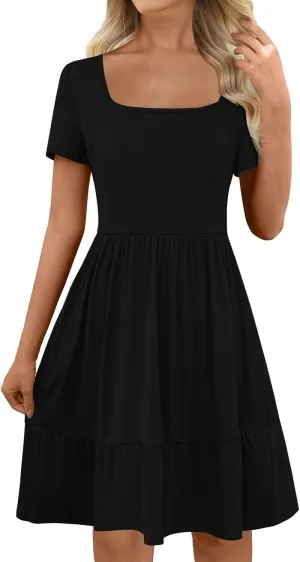 hlysgo Dresses for Women 2025 Summer Ruffled Hem Short Sleeve Square Neck Mini Dress A-Line Flowy Beach Dress with Pockets