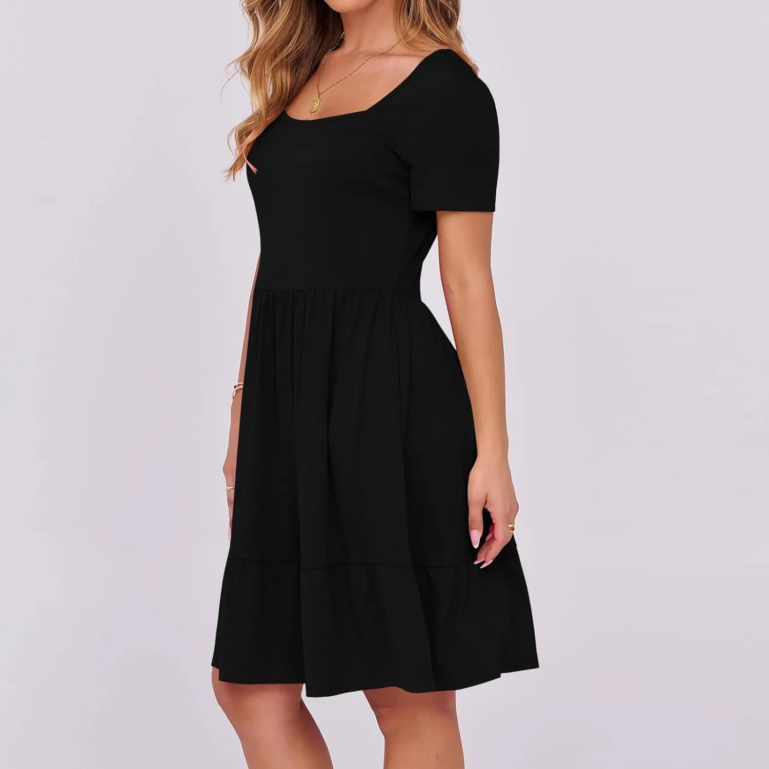 hlysgo Dresses for Women 2025 Summer Ruffled Hem Short Sleeve Square Neck Mini Dress A-Line Flowy Beach Dress with Pockets