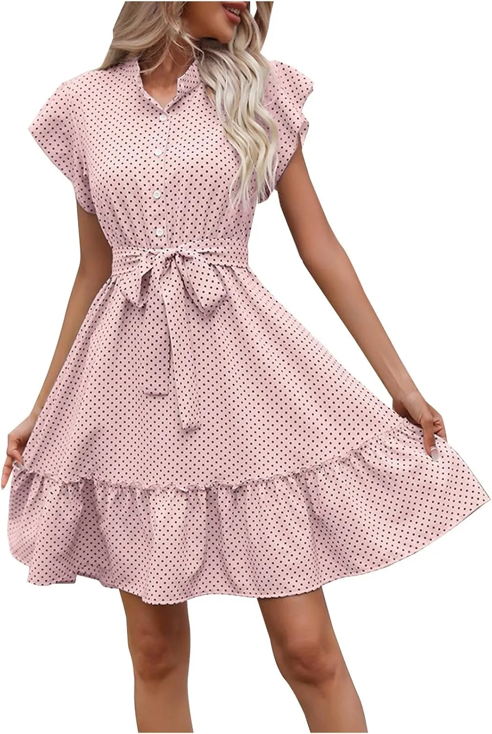 hlysgo Going Out Dresses for Women 2025 Summer Button Down V Neck Short Sleeve Mini Dress Casual A-Line Swing Ruffled Dress