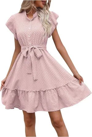 hlysgo Going Out Dresses for Women 2025 Summer Button Down V Neck Short Sleeve Mini Dress Casual A-Line Swing Ruffled Dress
