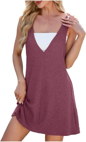 hlysgo Womens Mini Dress 2025 Summer Waffled V Neck Sleeveless Shorts Dresses Casual Loose Fit Beach Sundress for Ladies