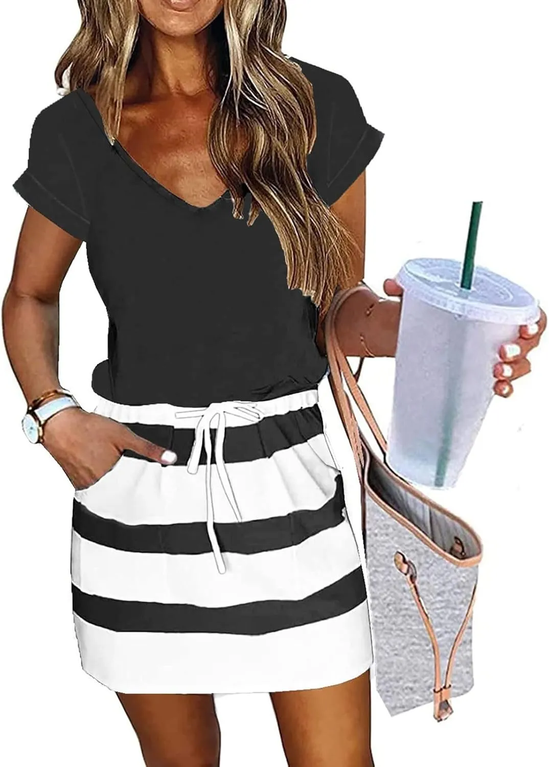 hlysgo Womens Summer Dress 2025 Casual Loose Fit Short Sleeve V Neck Mini Dress Drawstring Waist Petite Dresses with Pockets