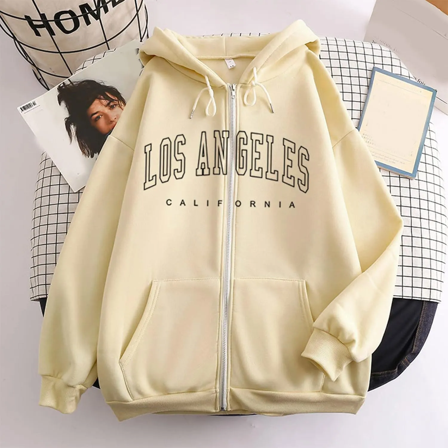 Hoodies for Women Pullover Losangeles Letter Print Hooded Sweatshirt with Pocket Long Sleeve Causal Fleece Tee Aesthetic Fall