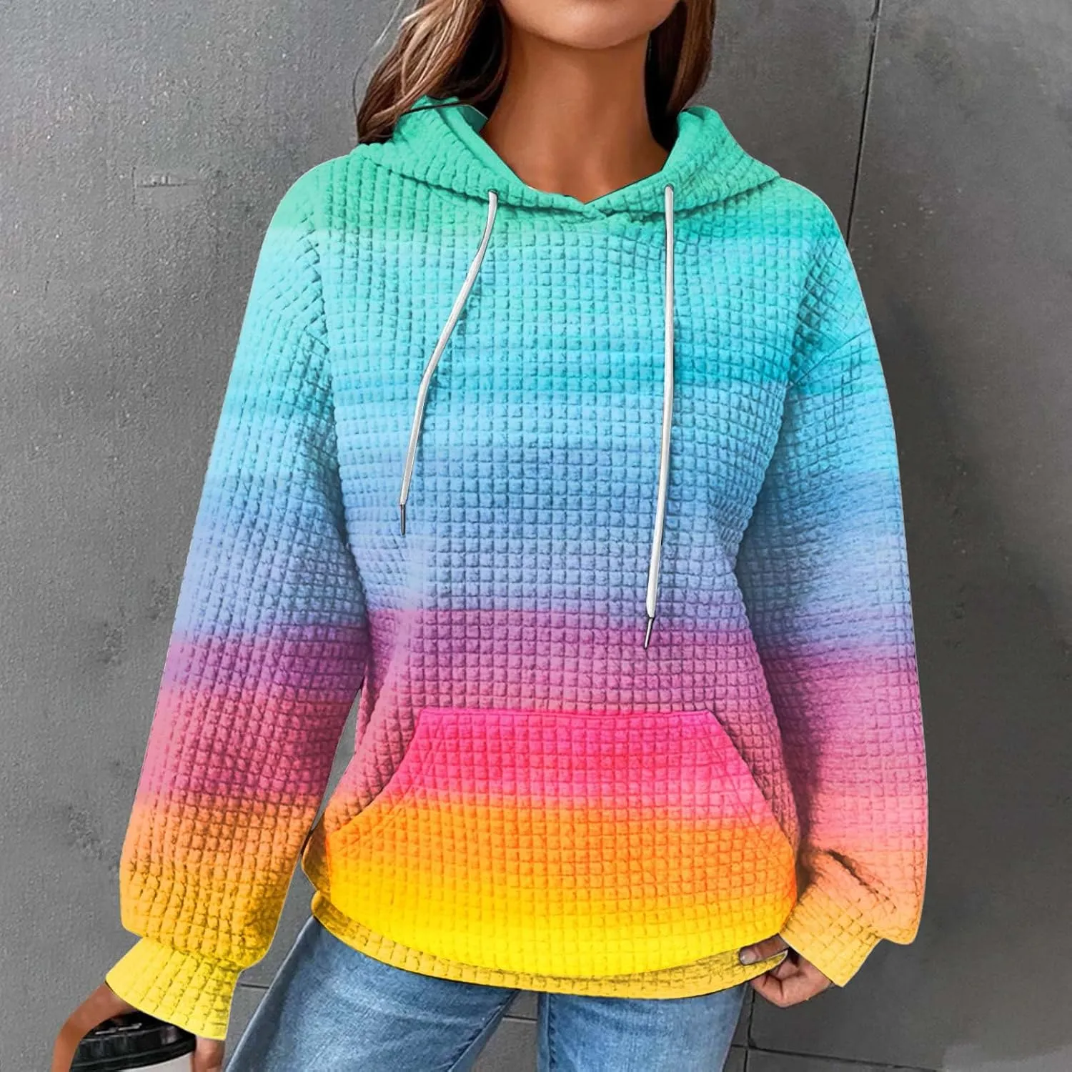 Hoodies for Women Waffle Knit Cute Hoodies Drawstring Pullover Sweatshirts Fashion Casual Sweaters Comfy Fall Clothes Outfits