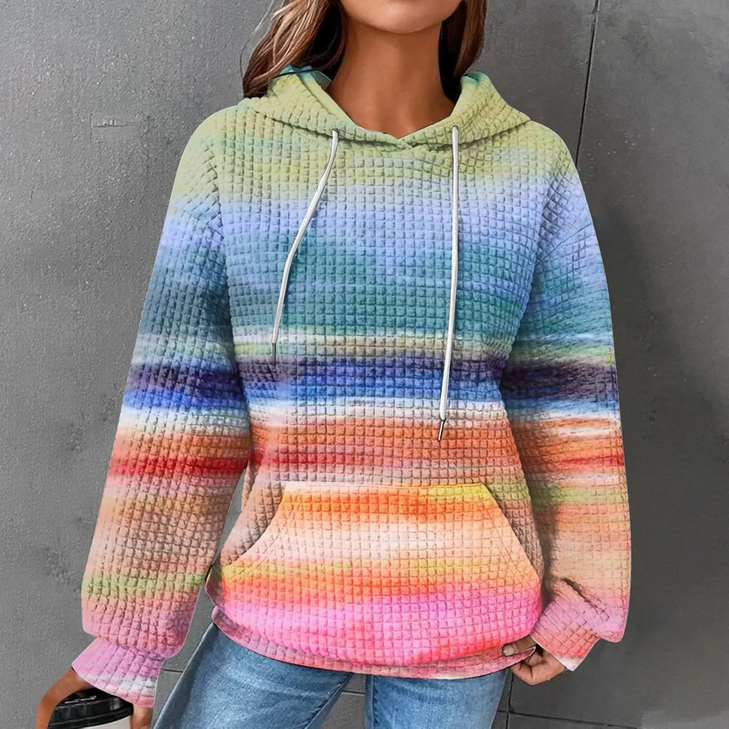 Hoodies for Women Waffle Knit Cute Hoodies Drawstring Pullover Sweatshirts Fashion Casual Sweaters Comfy Fall Clothes Outfits