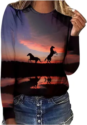 Horses T Shirt Women Funny Graphic Tees Long Sleeve Crew Neck Shirts Casual Loose Fit Blouses Horse Lover T-Shirt Gift