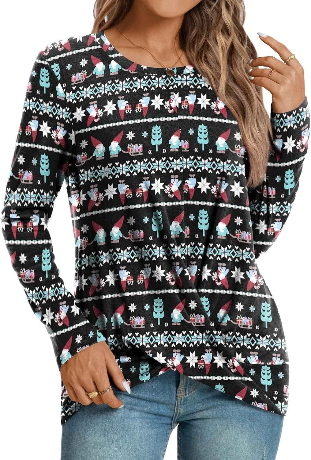 HOTGIFT Women's Long Sleeve Tunic Tops Casual Crewneck T-Shirts Front Twist Top Tee Blouse For Leggings
