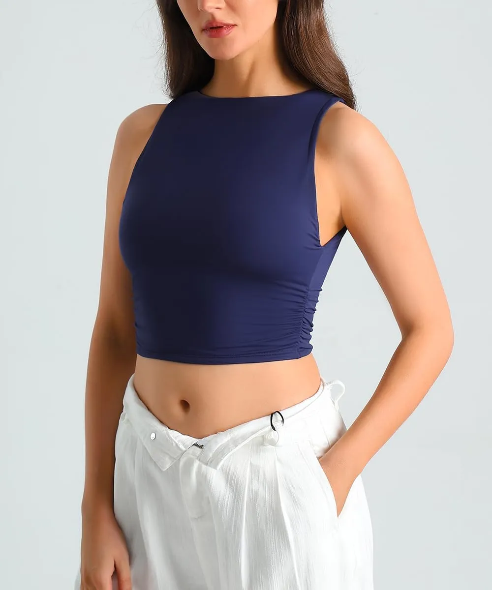 HOYAYO Women's Reversible Slim Fit Tank Top Boat Neck Sleeveless Dropped Armholes Side Ruched Double-Layer Crop Tee Shirt