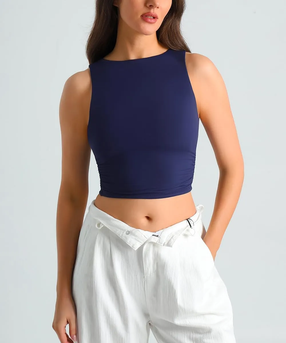 HOYAYO Women's Reversible Slim Fit Tank Top Boat Neck Sleeveless Dropped Armholes Side Ruched Double-Layer Crop Tee Shirt