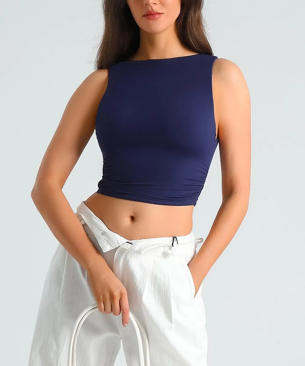 HOYAYO Women's Reversible Slim Fit Tank Top Boat Neck Sleeveless Dropped Armholes Side Ruched Double-Layer Crop Tee Shirt