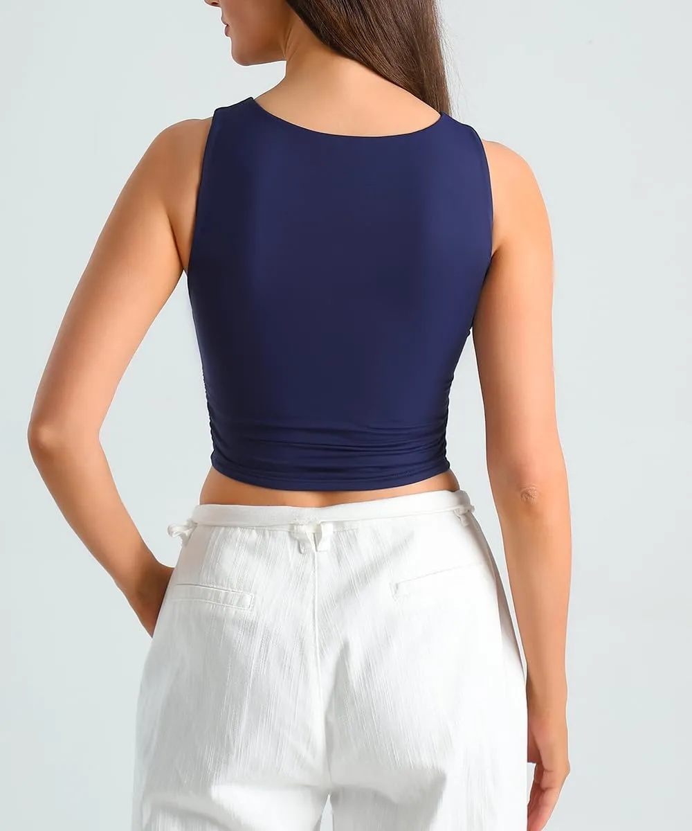 HOYAYO Women's Reversible Slim Fit Tank Top Boat Neck Sleeveless Dropped Armholes Side Ruched Double-Layer Crop Tee Shirt