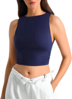 HOYAYO Women's Reversible Slim Fit Tank Top Boat Neck Sleeveless Dropped Armholes Side Ruched Double-Layer Crop Tee Shirt