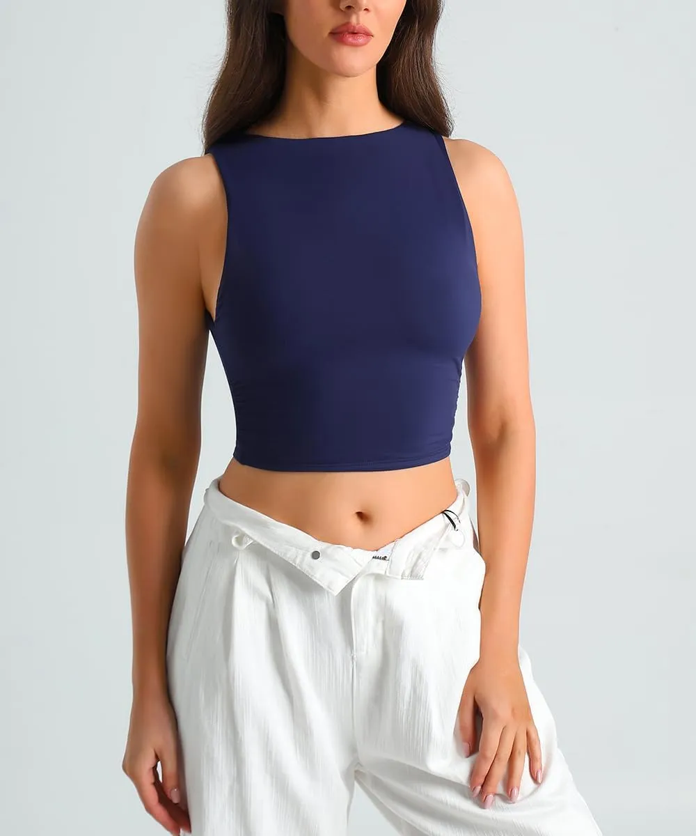 HOYAYO Women's Reversible Slim Fit Tank Top Boat Neck Sleeveless Dropped Armholes Side Ruched Double-Layer Crop Tee Shirt