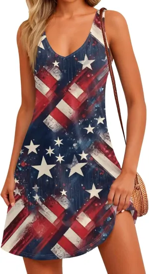 Independence Day Dress for Women Patriotic 4th of July Knee Length Mini Dresses V Neck Spaghetti Strap Sundresses