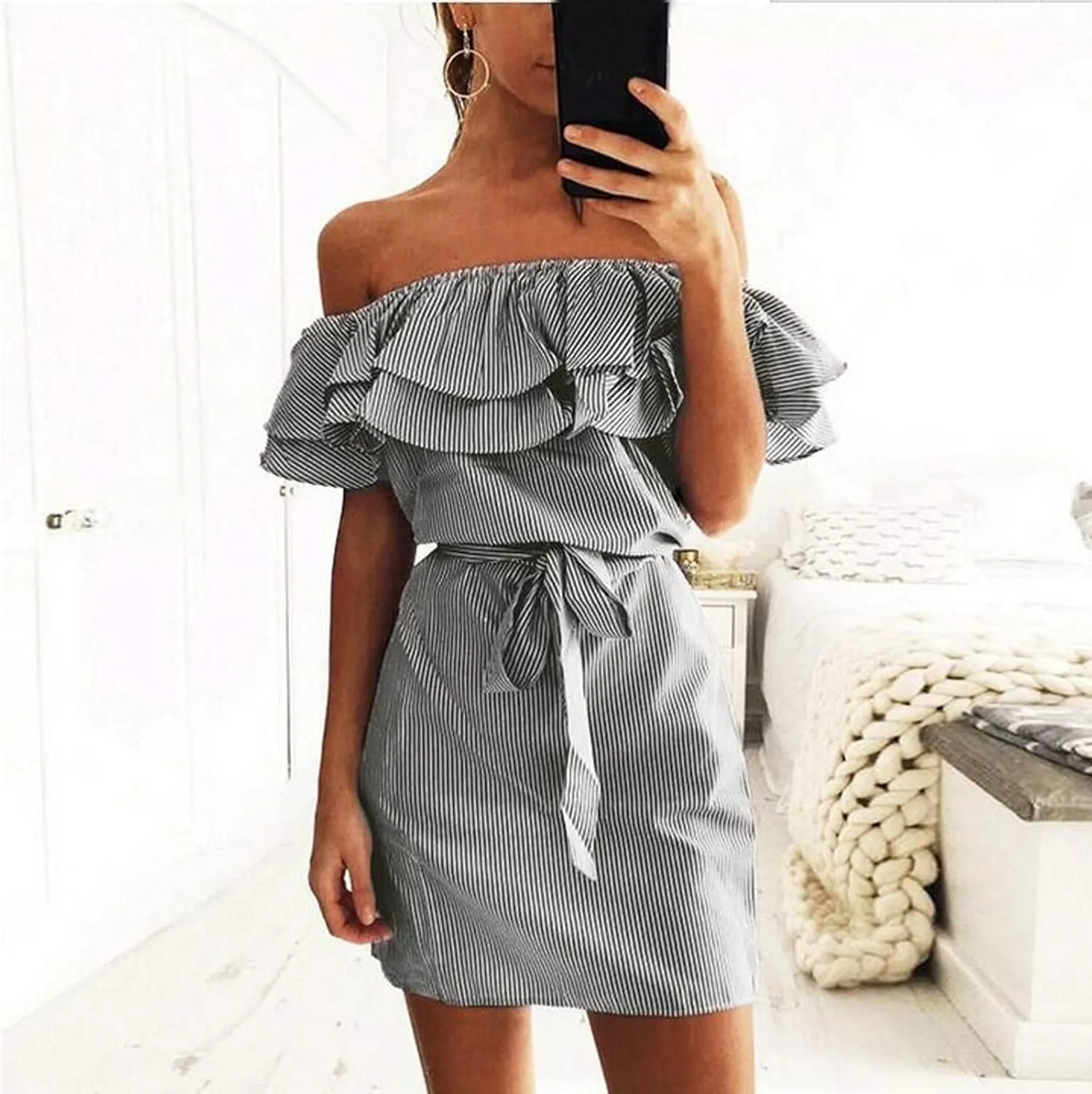 iQKA Women Sexy Dress Off Shoulder Ruffle Hem Slash Neck Short Dresses Strapless Stripe Print Mini Dress with Bandage