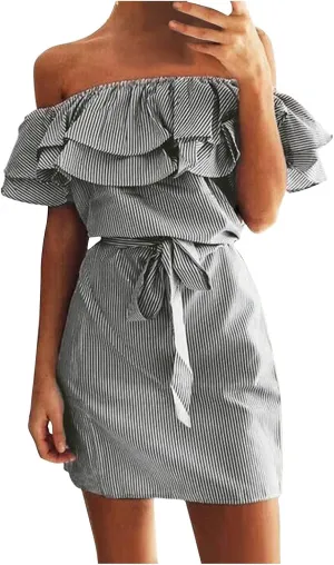 iQKA Women Sexy Dress Off Shoulder Ruffle Hem Slash Neck Short Dresses Strapless Stripe Print Mini Dress with Bandage