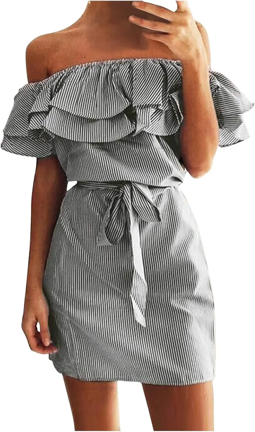 iQKA Women Sexy Dress Off Shoulder Ruffle Hem Slash Neck Short Dresses Strapless Stripe Print Mini Dress with Bandage