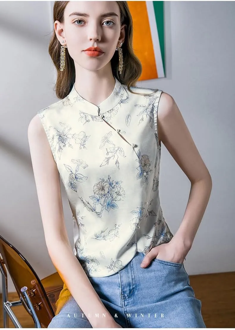 Irsutey Women's Sleeveless Shirts Summer Camisole Slim Fit Tee Chinese Style Elegant Print Blouse Trendy Zipper Tank Tops