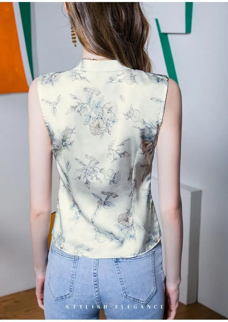 Irsutey Women's Sleeveless Shirts Summer Camisole Slim Fit Tee Chinese Style Elegant Print Blouse Trendy Zipper Tank Tops