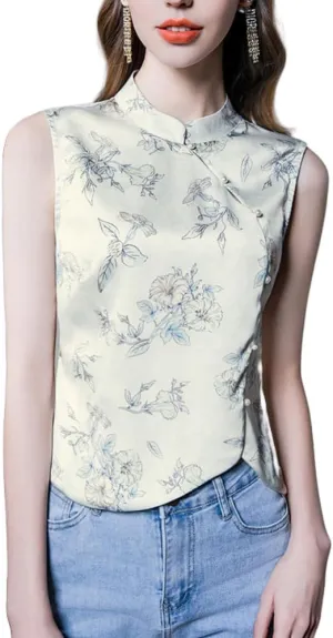 Irsutey Women's Sleeveless Shirts Summer Camisole Slim Fit Tee Chinese Style Elegant Print Blouse Trendy Zipper Tank Tops