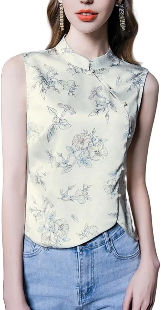Irsutey Women's Sleeveless Shirts Summer Camisole Slim Fit Tee Chinese Style Elegant Print Blouse Trendy Zipper Tank Tops