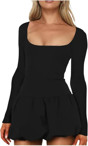 JOAU Women's Bodycon Mini Dress Square Neck Long Sleeve Bubble Dresses Y2K Cute Babydoll Pleated Ruffle Going Out Dress